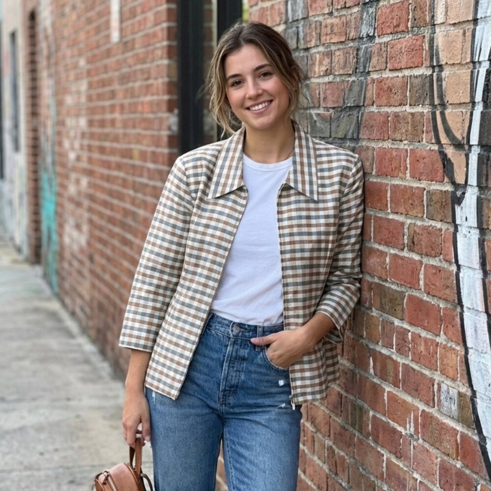 Anne Carson Silk Plaid Zip Jacket Shirt /Jacket ( Size 14)